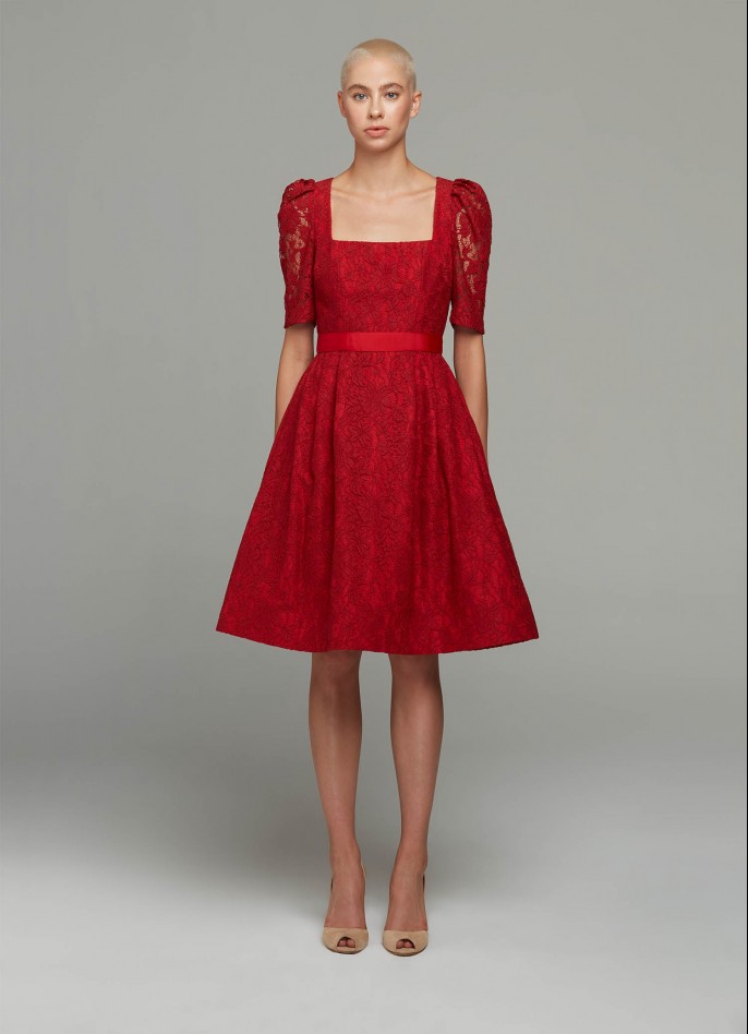 RED LACE AND GROSGRAIN DRESS